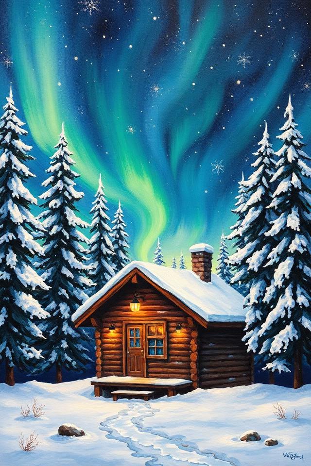 Beginner acrylic painting design: Northern lights cabin