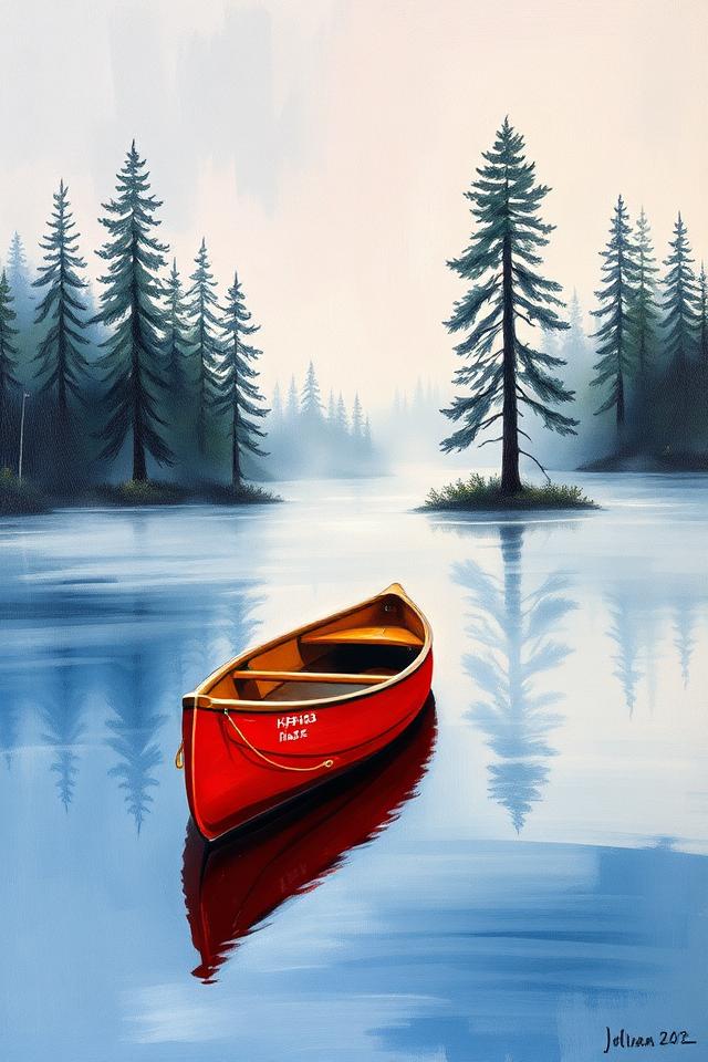 Beginner acrylic painting design: Red canoe