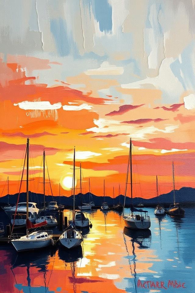Beginner acrylic painting design: Sunset harbour