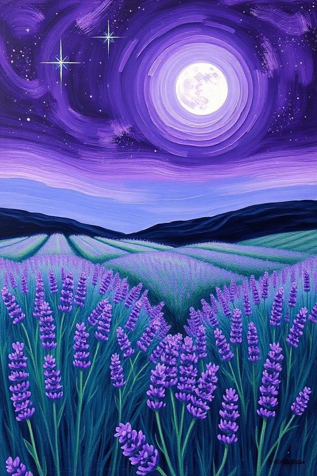Beginner acrylic painting design: Moonlit lavender